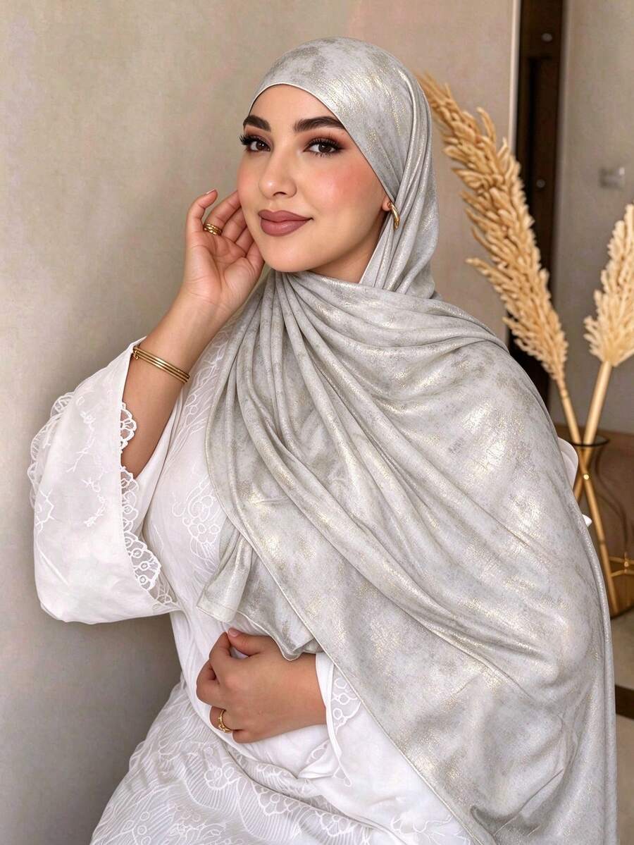 1 buah Jilbab Wanita Berkilau Metalik dengan Gradien Warna, Jilbab Lembut dari Kasmir Imitasi, Selendang Elegan dengan Motif Marmer Abu-abu, Cocok untuk Jubah, Pakaian Sehari-hari dan Pesta di Musim Gugur/Dingin - MultiWarna - View 1