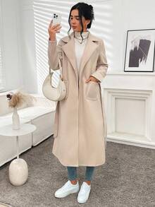 Women's Autumn Lapel Double Pocket Belted Long Jacket Fall - Apricot - View 10