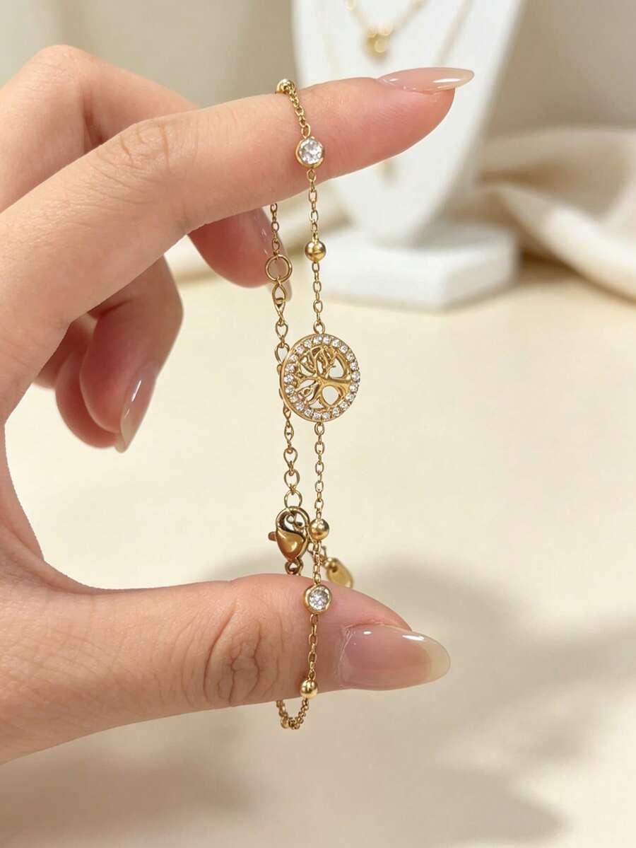 1件生命之樹水鑽手鍊,象徵成長與好運,保色不鏽鋼材質,女性生日週年禮物 - 鏤空生命樹手鍊 - 查看 1