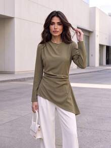 Women's Solid Color Pleated Casual Daily Wear Blouse - Army Green - View 2