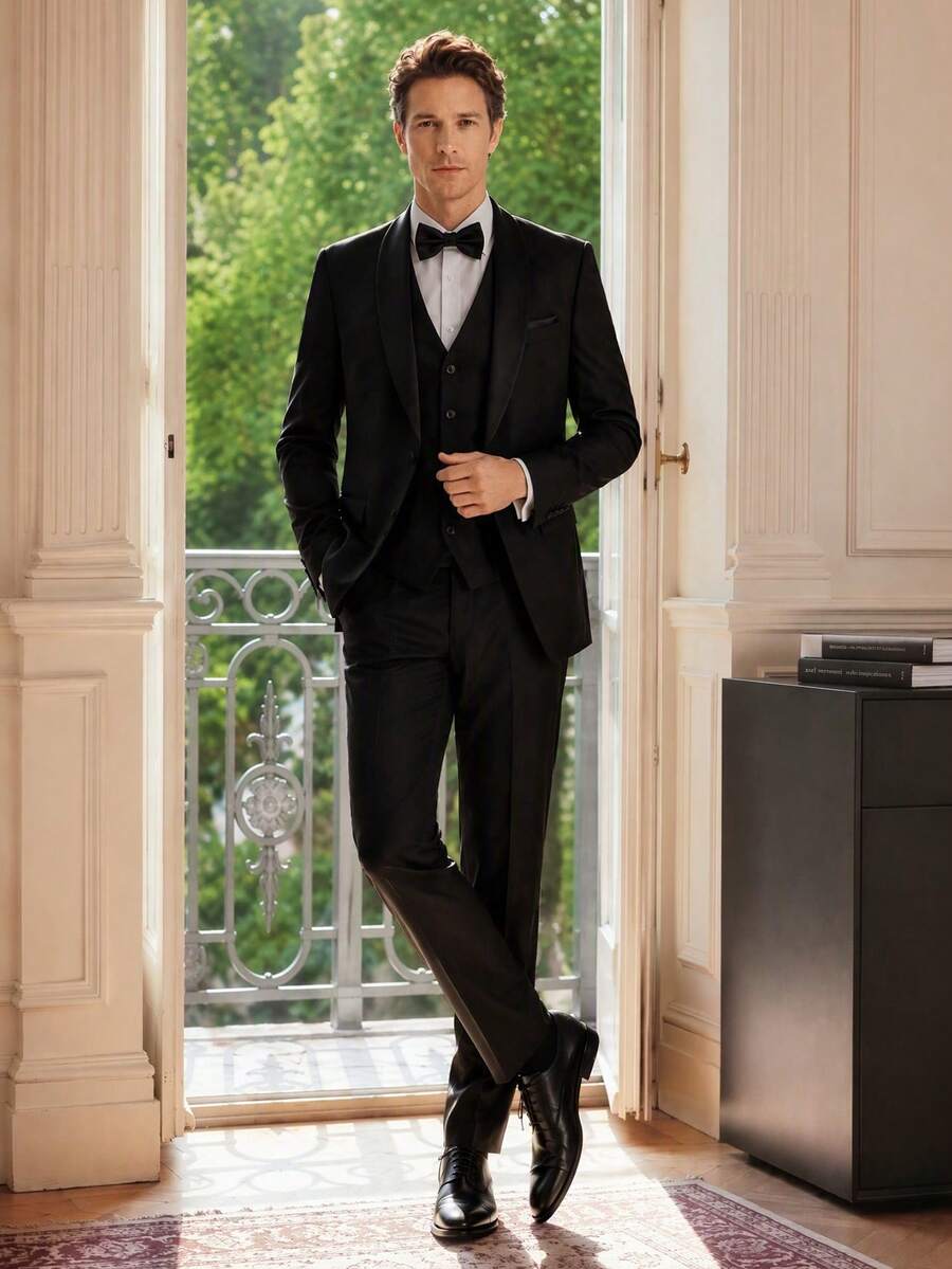 Officeau Men's 3pcs Black Shawl Collar Luxury Suits, Tuxedos For Wedding/ Dinner/ Groom/ Party - Black - View 1