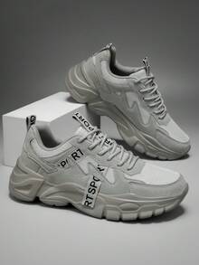 Light Gray Mesh Patchwork Men's Chunky Sneakers With Letter Webbing Decor, Thick Platform Sole, Retro Casual Lace-Up Everyday Wear Shoes - Light Gray - View 6