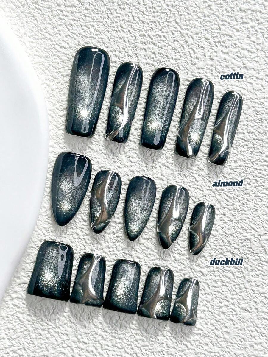 10片裝秋季深色貓眼手工穿戴甲,Polygel美甲套組,貓眼黑色指甲油,辣妹風,含美甲工具,3種尺寸可選,杏仁/鴨嘴/棺材形,適合派對、跳舞、日常配戴(手工細節可能有所不同) - 彩色 - 查看 1