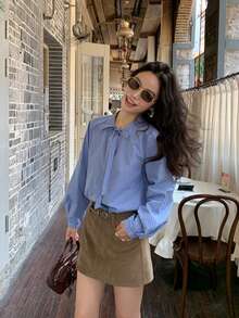 Blue Bowknot Striped Long Sleeve Blouse For Women, Elegant Top - Blue - View 4