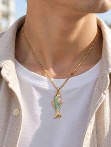 1pc Stainless Steel 18K Gold Plated Oil-Drip Koi Fish Ocean Style Premium Necklace, 3D Fish Element Fashion Design Versatile Men's Necklace - Yellow Gold - View 9