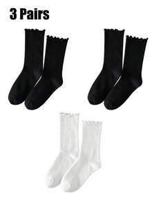 1/3/6 Pairs Women's Ruffle Hollow Diamond Knit Loose Mid-Calf Socks, Lightweight Breathable Cute - Multicolor - View 17