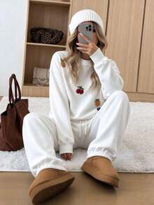 Women's White Fruit Embroidery Sweatshirt & Sweatpants Set, Crew Neck Loose Long Sleeve Drawstring Cuffed Pants 2 Pieces Set, Casual Home & Light Sports Outfit - White - View 7