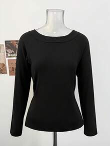 Korean Style Casual Cold Shoulder Back Drawstring Tie Long Sleeve Slim Fit Top For Women, Autumn/Winter - Black - View 7