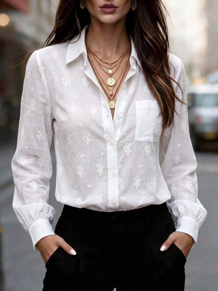 Women's Solid Embroidered Cotton Collared Long Sleeve Button Front Pocket Shirt Business Office Home Vacation Daily Holiday Spring Summer Fall Winter - White - View 1