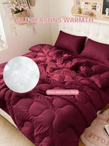 HONEYMOON 1pc Quilted Comforter With Wave-Stitching-Polyester Fabric Solid Color, Soft And Breathable, Wrinkle Resistant, Down Alternative Bedding Comforter-T F Q K Size For Home And Dorm, Machine Washable, Burgundy - Burgundy - View 5