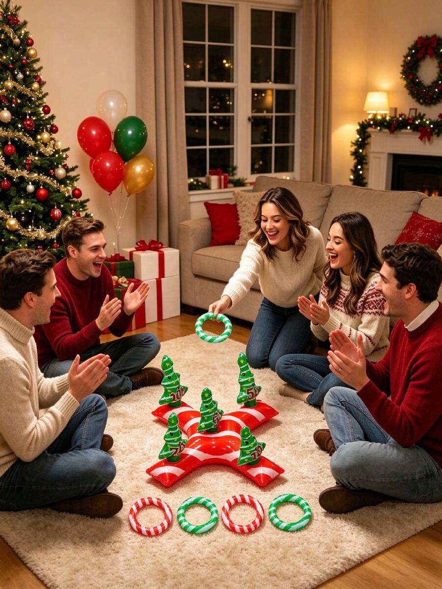 1 مجموعة لعبة رمي الحلقات القابلة للنفخ لعيد الميلاد، 5 أشجار عيد الميلاد للتسجيل و4 حلقات رمي، ارتفاع 22 بوصة، لعبة حفلة العطلات الداخلية/الخارجية، ديكور عيد الميلاد - متعدد الألوان - مشاهدة 1