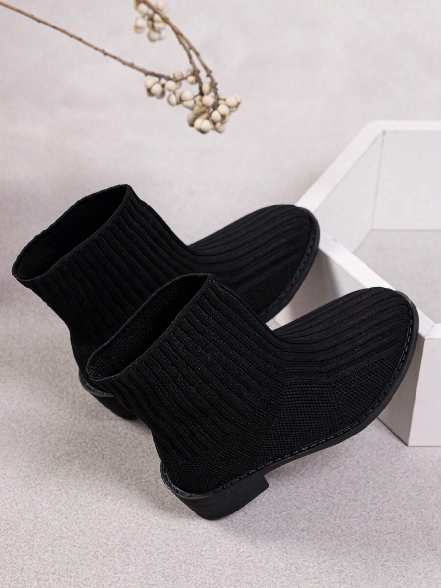 RS Black Girls Ribbed Knit Stretch Sock Ankle Boots Round Toe Low Block Heel Slip On Kids Boots For Daily School Party Casual Wear - Black - View 1