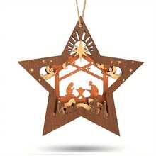 1pc Christmas Wooden Hanging Ornament, Christmas Tree Star-Shaped Nativity Scene Memorial Pendant, Jesus Birth Decoration, Religious Gift For Family, Friends And Christians - Khaki - View 1