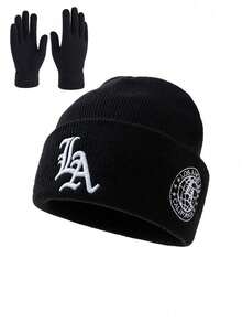 1/2pcs Unisex Winter Thermal Lined Knit Beanie With Gloves, Vintage LA Letter Embroidery, Suitable For Daily Wear, Windproof Ear Protection - Multicolor - View 5
