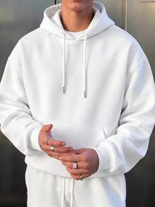 Men's Hooded Sweatshirt, Loose Fit Long Sleeve Streetwear Pullover - White - View 2