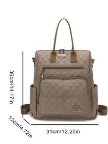 Embossed Rhombus Decor Tote Bag, Lazy Casual Style, Metal Pendant, Zipper Accessory, Multi-Compartment Storage, Hand-Carry, Shoulder, Double Shoulder, Multiple Carrying Ways, Commute, Travel, Shopping, School, Women's Bag - Khaki - View 6
