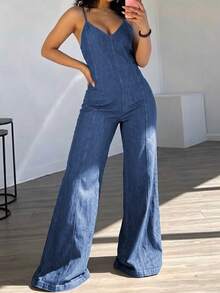 GLAMSKIN Fall Winter Women Denim Spaghetti Strap Jumpsuit,V‑Neck Contrast Stitching Wide Leg Jumpsuit With Pockets Casual Sleeveless Overall - Blue - View 9