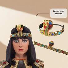 2pcs Gold Rhinestone Snake Head Cleopatra Costume Accessories, Snake Head Hair Accessory + Beaded Headband, Suitable For Carnival Party Performance, Halloween - Gold - View 2