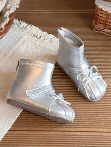 Girls' Cute Split-Toe Bow Ankle Boots, Autumn/Winter Thermal Lined Warm Hook-And-Loop Non-Slip Princess Style Fashion Boots - Silver - View 5