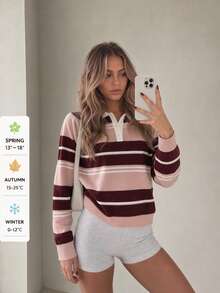 SUNSTORY Women's Autumn American Style Color Block Striped Polo Collar Pullover Sweater, Casual Outing Top For Commuting, Shopping, College Back To School Season - Multicolor - View 2