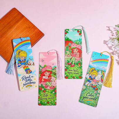 Fairy Tale Rainbow Strawberry Woman Rainbow Unicorn Illustration Acrylic Bookmark, Exquisite Colorful Rectangular Bookmark With Tassels, Suitable For Women, Students, Reading Enthusiasts, Novel Book Reading Markers, Birthday Gifts, Holiday Gifts.