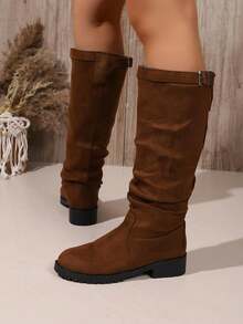 Classic Black Mid-Calf Boots, Fashionable Buckle Design, Comfortable And Versatile, Suitable For Daily Wear And Outings - Brown - View 1