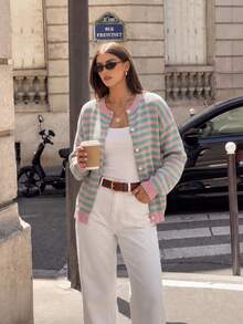 Women's 1pc Colorful Striped Button-Up Cardigan, Y2K Preppy Style Round Neck Long Sleeve Knit Jacket, Loose Fit Knit Cardigan, Suitable For Campus, Streetwear, Weekend Gatherings - Pink - View 2