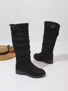 Children's Mid-Calf Boots For Autumn/Winter, Ruched Buckle Design, Suitable For Outings And Parties, Versatile Minimalist Style - Black - View 2
