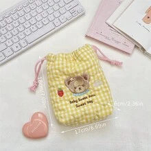 1Pc Cartoon Embroidery Decor Gingham Quilted Drawstring Makeup Bag,Multifunctional Drawstring Bag,Carry On Miscellaneous Bag,Travel Cosmetic Bag - Multicolor - View 9