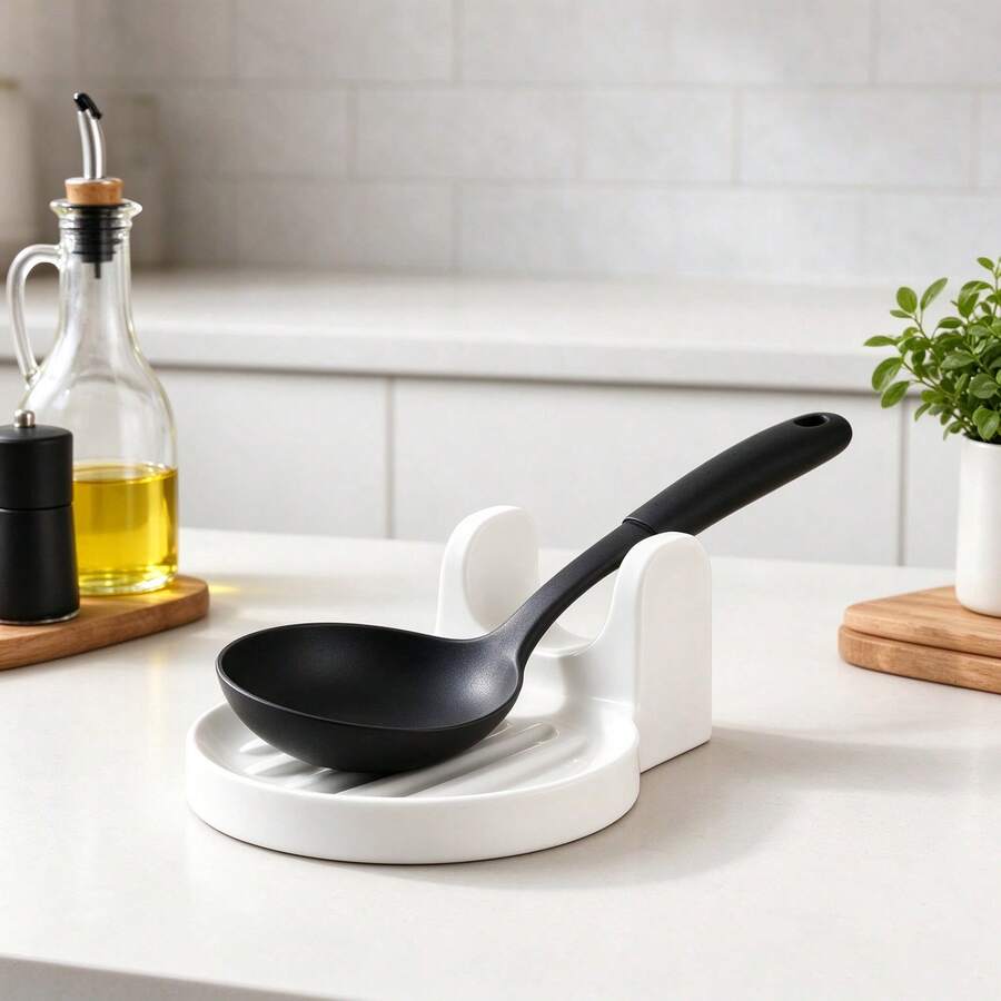 1pc Countertop Spoon Holder, Spoon Rest With Dual Handles And Drip Tray, Kitchen Utensil Rack, Kitchen Storage Rack, Suitable For Spatulas And Soup Spoons, Drip Tray Can Collect Sauce And Soup, Practical Kitchen Countertop Storage Organizer, Minimalist Home Kitchen Decor Accessory, Tableware Rack, Kitchen Accessory - Multicolor - View 1
