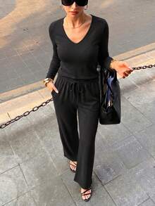 Women Elegant Fall Winter Ribbed Knit Two Pieces Set Henley Neck Long Sleeve Top Drawstring Wide Leg Pants Casual Loungewear Homewear Daily Outfit - Black - View 4