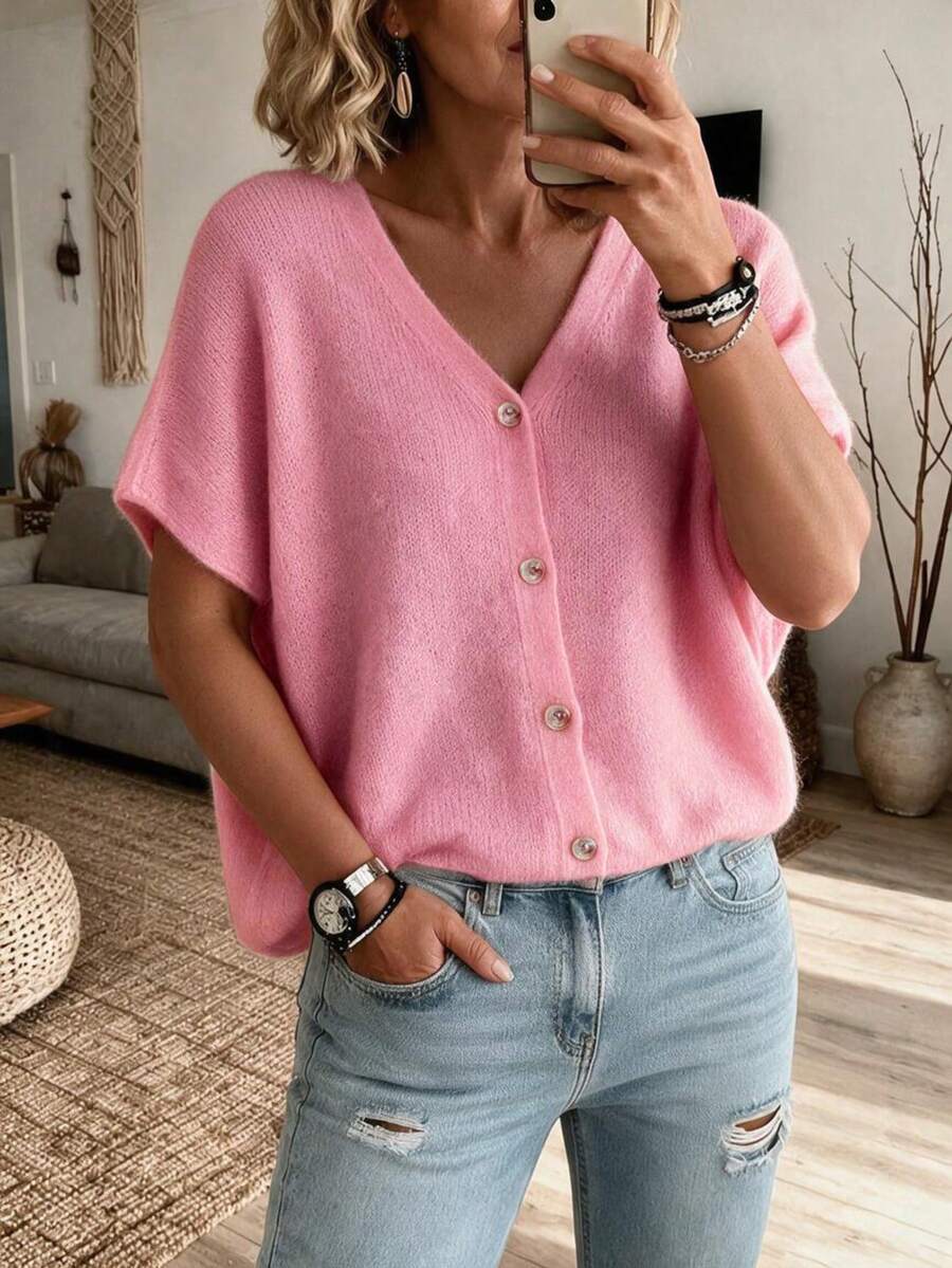UNTUK KECANTIKAN Kardigan Rajut Wanita Warna Pink, Kerah V, Kancing Depan, Lengan Kelelawar, Potongan Longgar, Jaket Lembut, Kasual Musim Panas