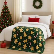 1pc Christmas Gingerbread Man Candy Cane Digital Print Flannel Blanket - Modern Style, Soft Polyester Knitted Material Comfortable For All Seasons, Multi-Purpose, Suitable For Sofa, Bed, Travel, Camping, Chair, Gift Blanket - Green - View 5
