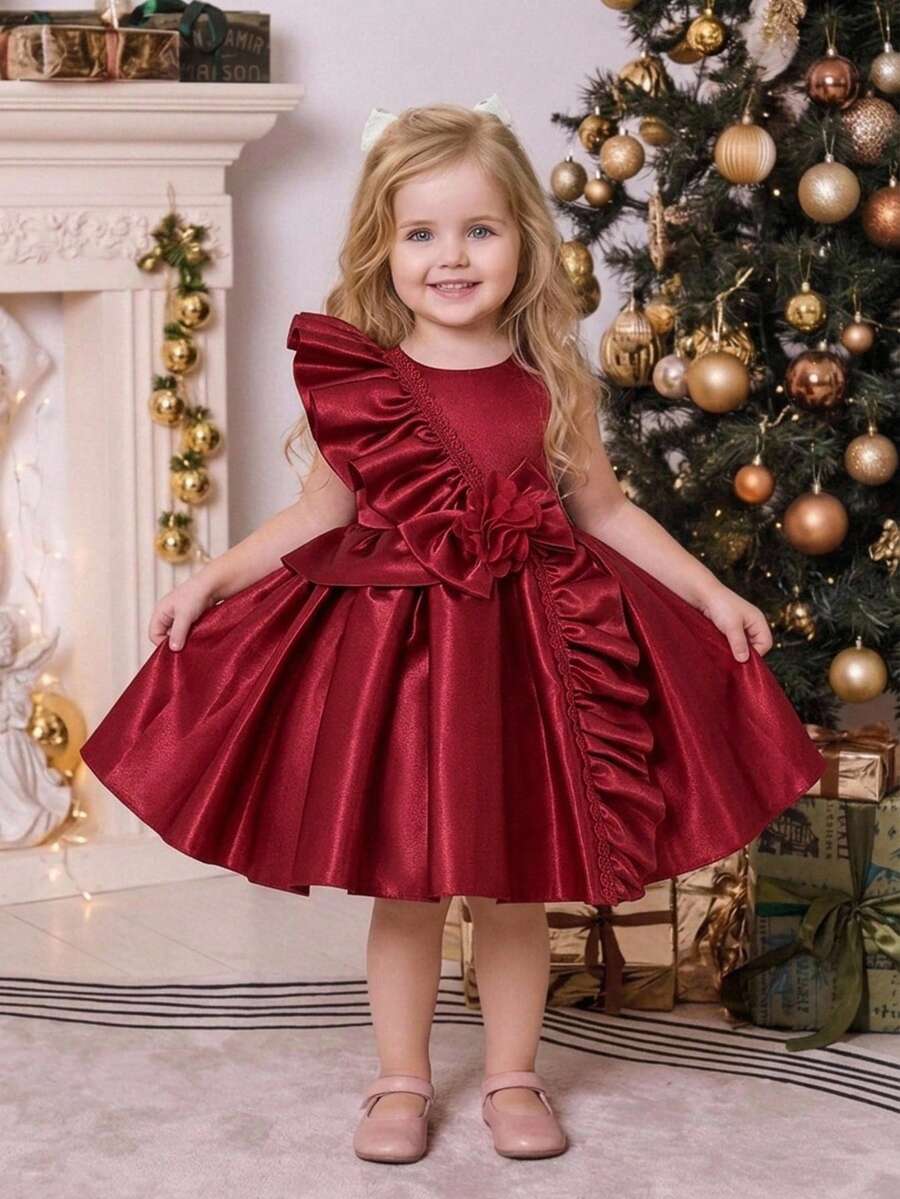 Baby Girls Round Neck Ruffle Embroidered Bow Wine Red Satin Elegant Ball Gown Suitable For Birthday Wedding First Birthday Baby Party - Burgundy - View 1