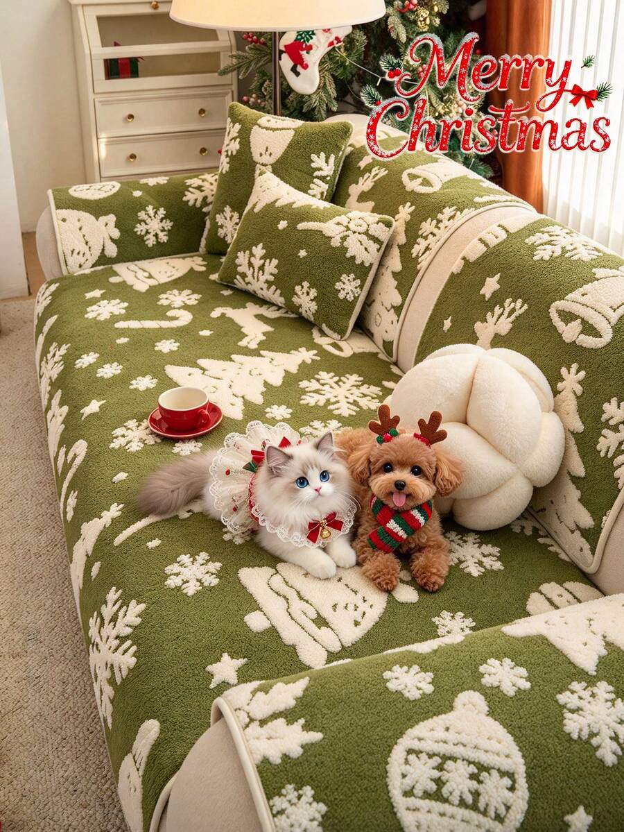 1pc Christmas Sofa Cover, Snowflake Xmas Element Plush Couch Cover, Non-Slip, Anti-Scratch & Machine Washable, Furniture Protector For Dog Cat, Fits 1/2/3/4 Seater & L Shape Sofa - Green - View 1