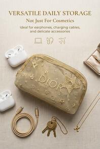 Dior Golden Star Embroidery Mesh Shell Makeup Pouch For Women, Sheer Net Lace Cosmetic Bag, Zipper Portable Travel Toiletry Organizer Purse, Elegant Ladies Daily Beauty Storage Handbag - Beige‑Gold - View 7
