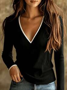 Women's Ribbed Knit Long Sleeve Deep V-Neck Top, Medium Stretch Pullover Sweater, Contrast Trim Design, Suitable For Autumn/Winter - Black - View 7