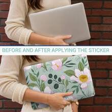 Laptop Stickers Fresh Light Green Background Pink Floral Full Set Protective Skin Waterproof Removable No Residue Vinyl Film, 1 Set 3 Pieces - View 4
