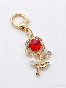 Luxury Red Rose Rhinestone Keychain, Pearl Flower Bag Charm, Exquisite Alloy Pendant Gift - Multicolor - View 3