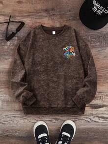 1pc Boys Big Kids Crew Neck Printed Sweatshirt, Simple Casual Autumn/Winter New Comfortable Top - Brown - View 2