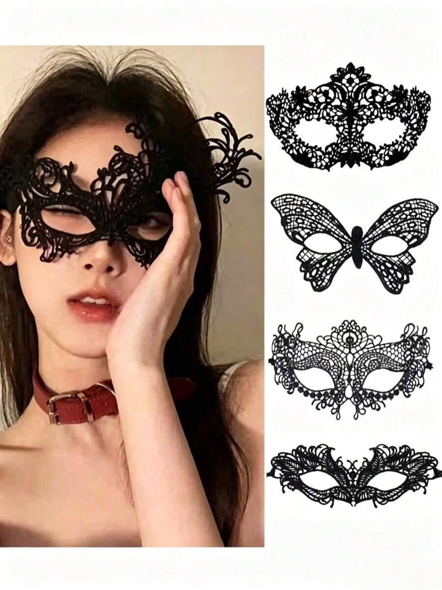 1pc Lace Face Mask, Sexy Black Lace Embroidered Eye Mask, Cosplay Prop Suitable For Halloween Masquerade Ball - Multicolor - View 1