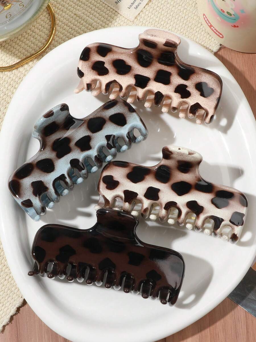 4pcs Set Autumn/Winter Dark Brown Retro Leopard Print Rectangular Hair Claws, Simple Large Size Commute Versatile Sweet Cool Hot Girl Style Hair Clips - Multicolor - View 1