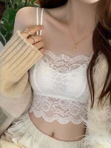 夏季返校季可愛性感極簡風蕾絲內墊胸罩背心，純色女款內著背心，適合冬季聖誕、春節、新年穿搭疊穿與打底 - 白色 - 查看 4