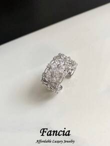 1pc Elegant Luxury Cubic Zirconia Flower Copper Alloy Open Ring, Suitable For Women's Ball And Party Wear - Silver - View 1