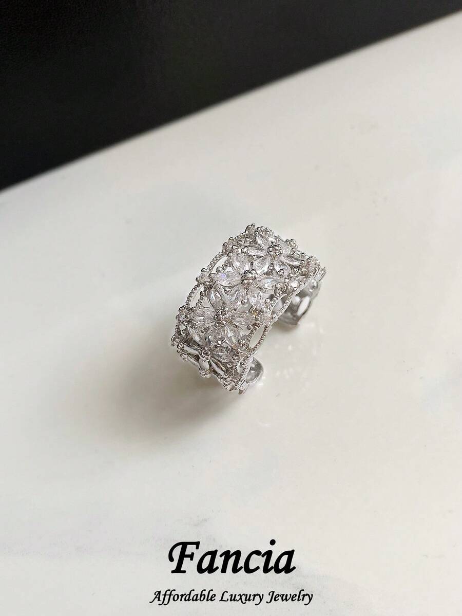 1pc Elegant Luxury Cubic Zirconia Flower Copper Alloy Open Ring, Suitable For Women's Ball And Party Wear - Silver - View 1