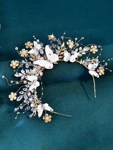 1 chiếc vương miện cô dâu thủ công cao cấp đính đá rhinestone, ngọc trai hình bướm, băng đô cài đầu phụ kiện tóc cưới - Vàng - Xem 7