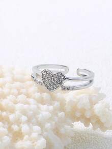 Nooxian 1pc Open Heart Cubic Zirconia Ring For Women - Silver - View 5