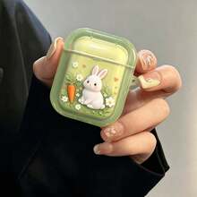 1pc Transparent Green Wavy Border White Rabbit Carrot Daisy Heart Pattern Scratch-Resistant Wear-Resistant TPU Soft Full Coverage Earphone Case, Side Hanging Hole For Lanyard Accessory, Compatible With Apple Earphones, Fresh Spring Pastoral Rabbit Element, 3D Realistic Illustration Design, Light Yellow-Green Gradient Background, Gentle Girly Style, Ins Popular Korean Style Digital Accessory, Suitable For Students, Girls Who Love Small Animals, Can Be Used As Spring Gift, Birthday Souvenir, Best Friend Gift - Green - View 4