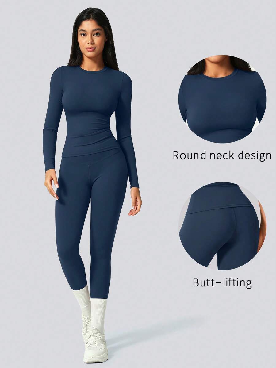 Women's Solid Color Casual Sports Top And Pants Set, Suitable For Daily Yoga And Workout Spring - Navy Blue - View 1