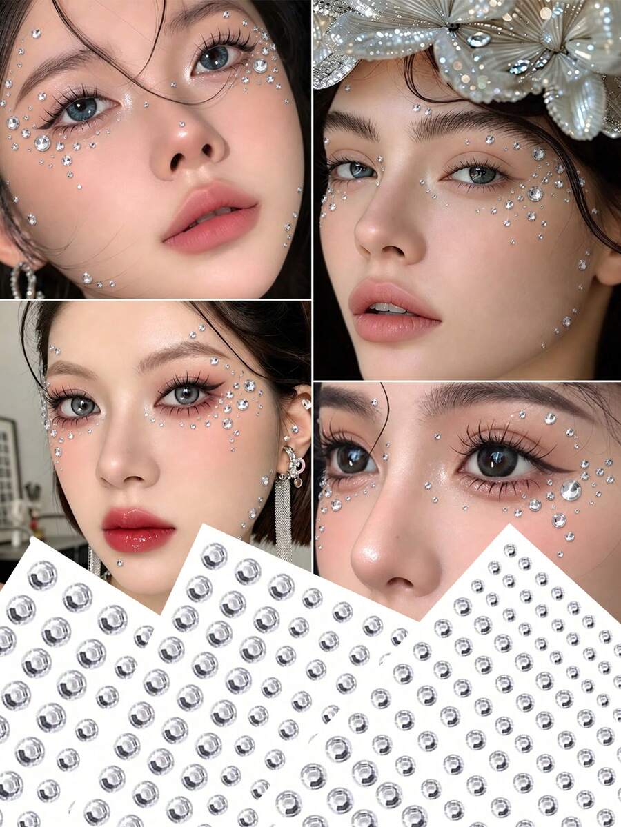 5pcs 3D Shiny White Multisize & 3d Imitation Gemstone Face, Rave Accessories Y2k DIY Music Festival Party Makeup Decoration, Valentine's Day Gift Set,Concert Look, Suitable For Hair, Eyes, Face And Body, Face Gems - White - View 1